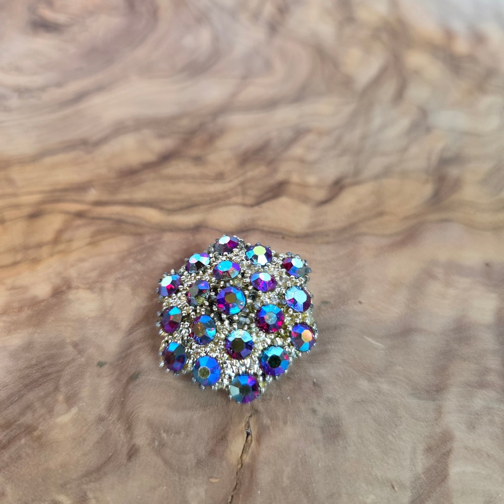 Vintage Aurora Borealis Rhinestone Dome Brooch Gold Tone Tiered Starburst Pin - Picture 2 of 15